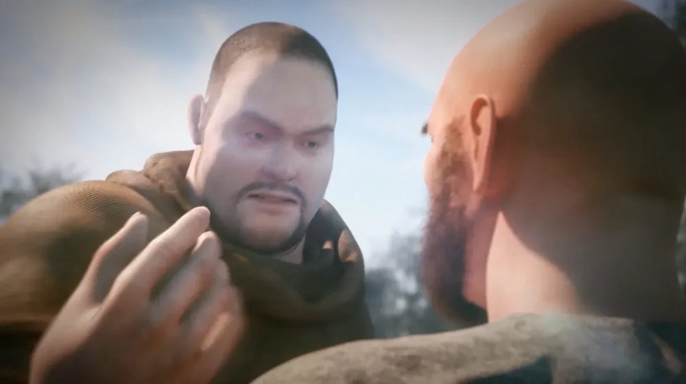 Два персонажа в разговоре на фоне природы.