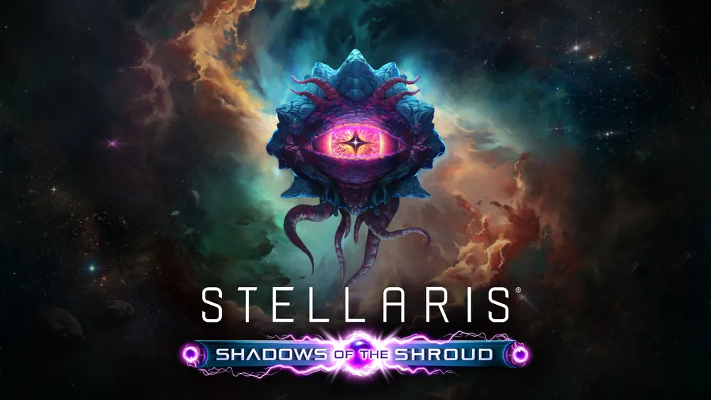 Изображение обложки видеоигры Stellaris: Shadows of the Shroud, космическая тематика, абстрактные элементы, яркие цвета.