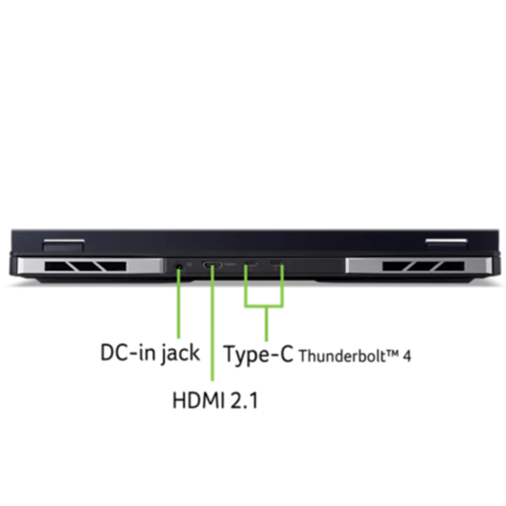 Изображение ноутбука с подключениями и вентиляцией на темном фоне.