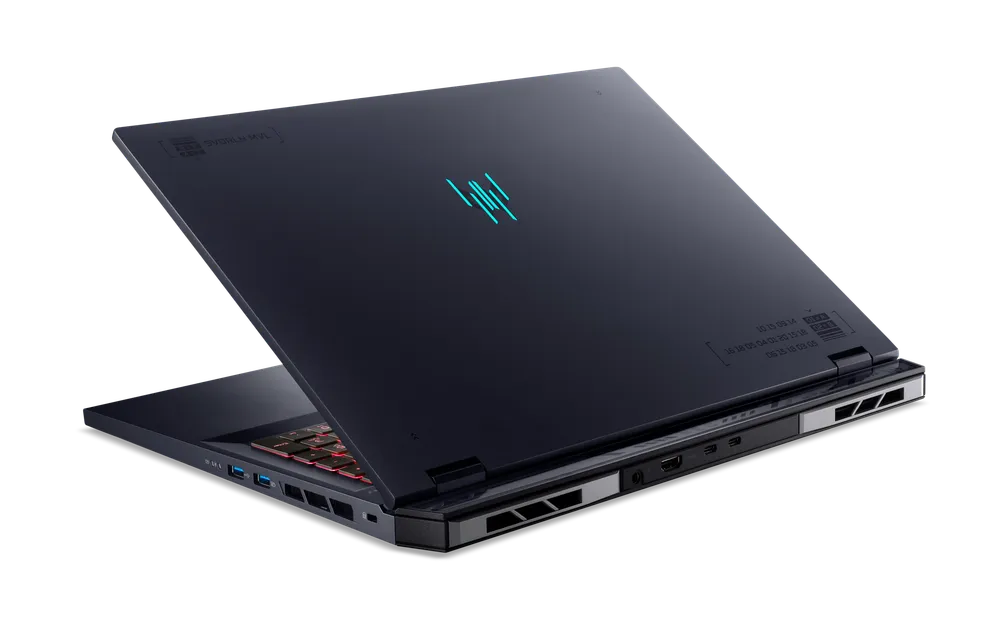 Изображение ноутбука, открытого с задней стороны, на чёрном фоне.