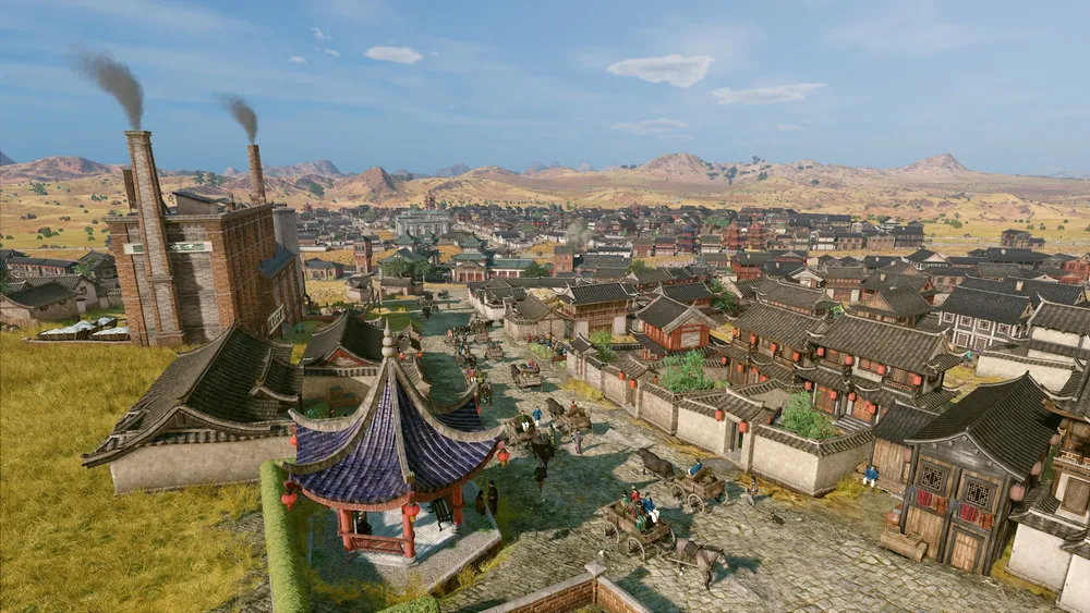 Изображение городского пейзажа с традиционной архитектурой, фабриками и природными ландшафтами.