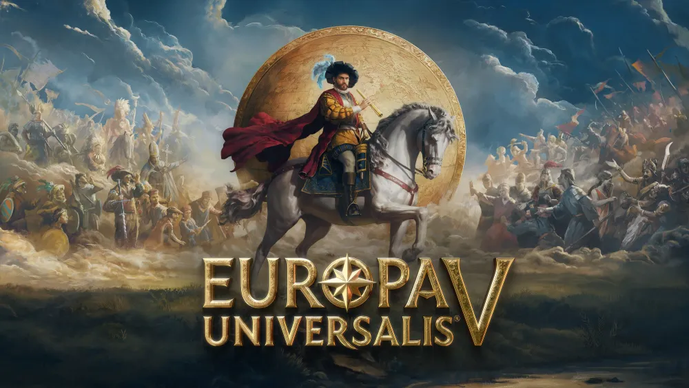 Иллюстрация из игры Europa Universalis V, изображающий человека на лошади на фоне битвы и больших облаков. Логотип игры внизу.