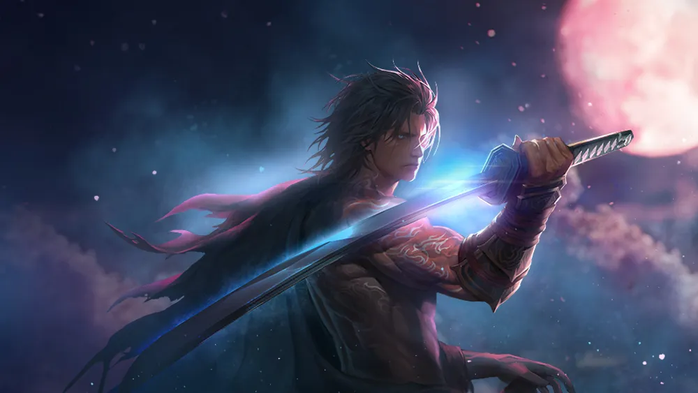 Изображение персонажа с мечом в темном окружении, с ярким светом и луной на фоне.