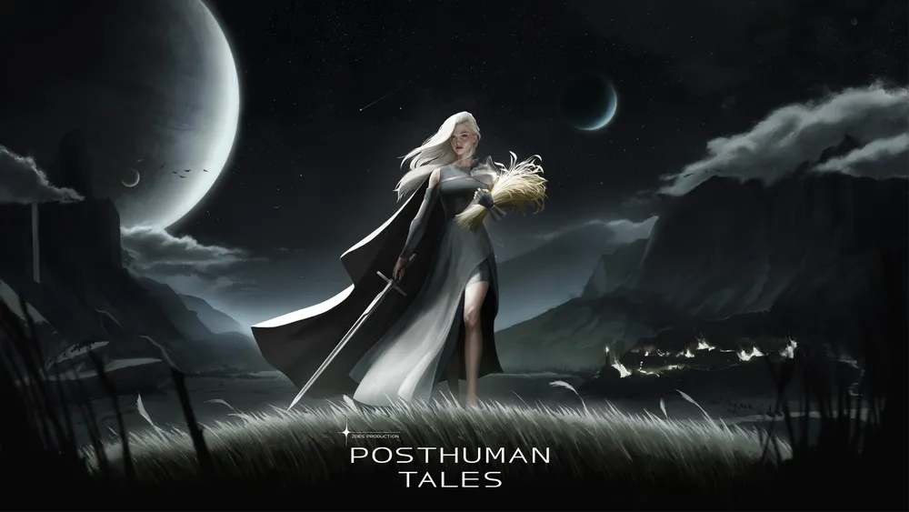 На картинке изображена фантастическая сцена с фигурой человека в длинном плаще, держащего букет. Фон включает планеты и горы.