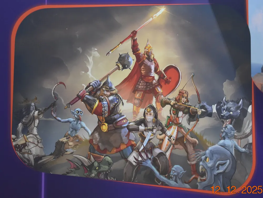 Изображение фэнтезийной битвы с рыцарями и мифическими существами, такие как зомби. Действие происходит в темном, мрачном окружении.