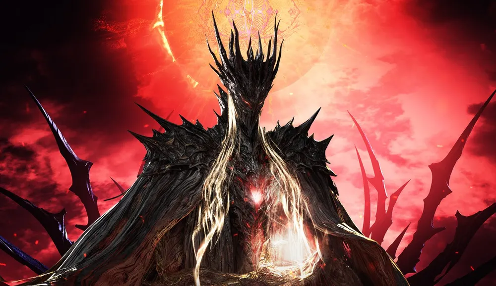 На картинке изображён персонаж с тёмной и зловещей эстетикой на фоне красного неба.