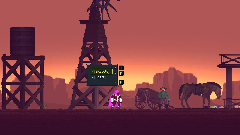 Изображение из видеоигры, на нём персонажи и элементы окружения в стилизованной графике в стиле вестерн.