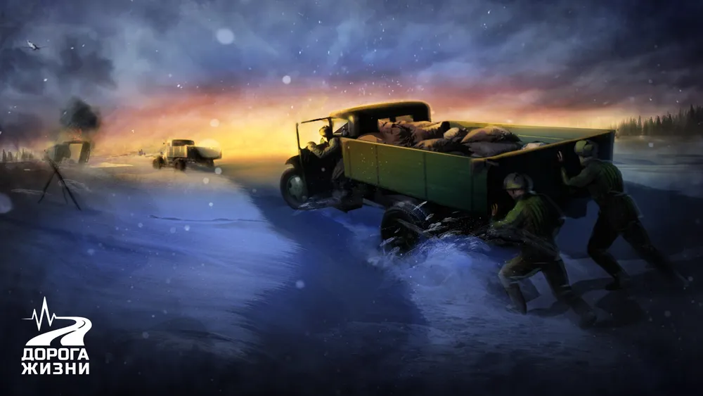 На картинке изображены солдаты, пытающиеся вытолкнуть грузовик в снежной обстановке, вероятно, военное время.