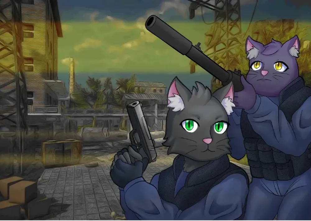 Анимационные персонажи с кошачьими головами, вооруженные, на фоне разрушенного здания и природы.