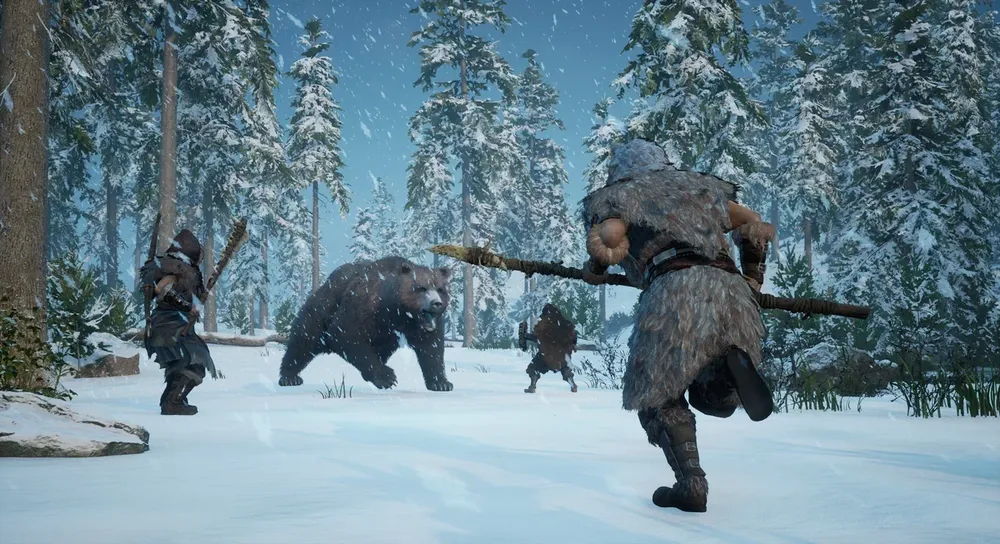 На картинке изображены люди в зимнем лесу, с оружием, охотящиеся на медведя.