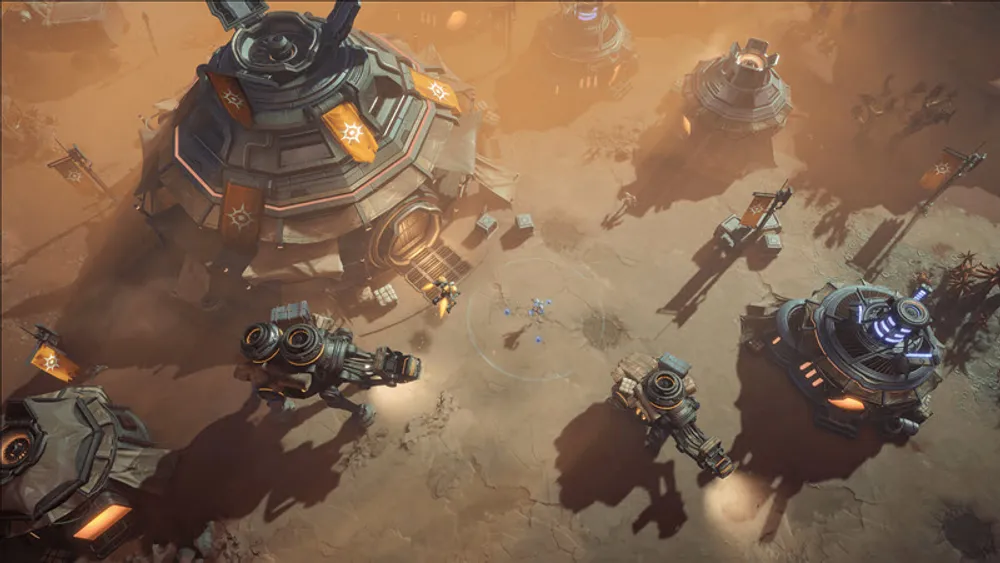 Изображение представляет собой художественную сцену с военной техникой и постройками в фантастическом окружении.