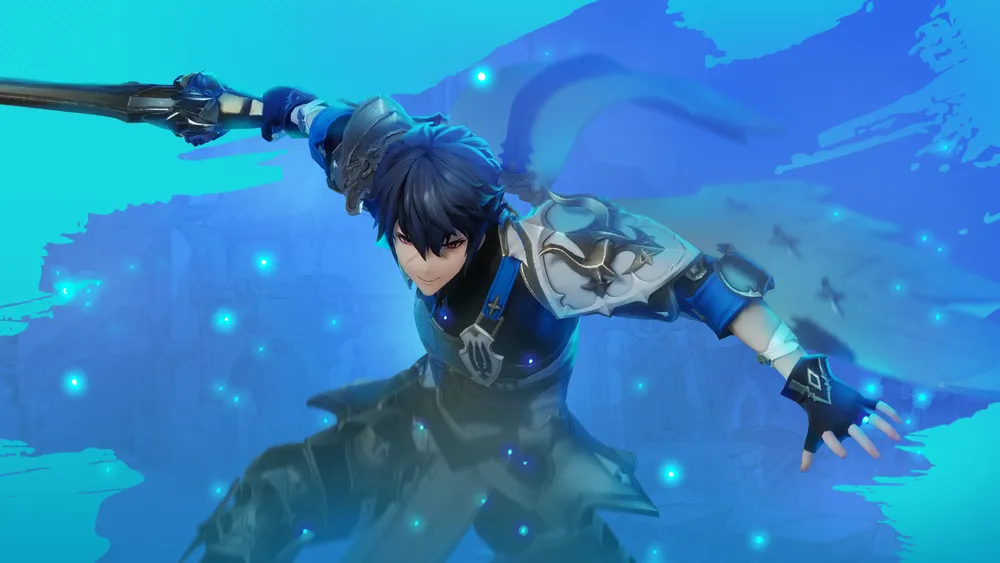 Изображение анимированного персонажа с мечом, выполненное в ярких цветах и динамичной позе.