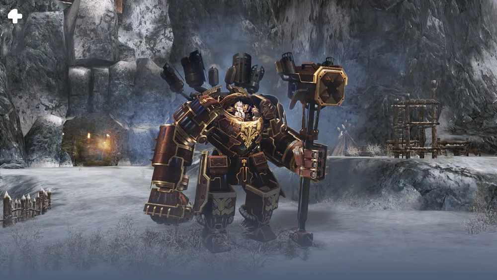 Изображение фантастического персонажа, возможно, из видеоигры, в зимнем пейзаже.