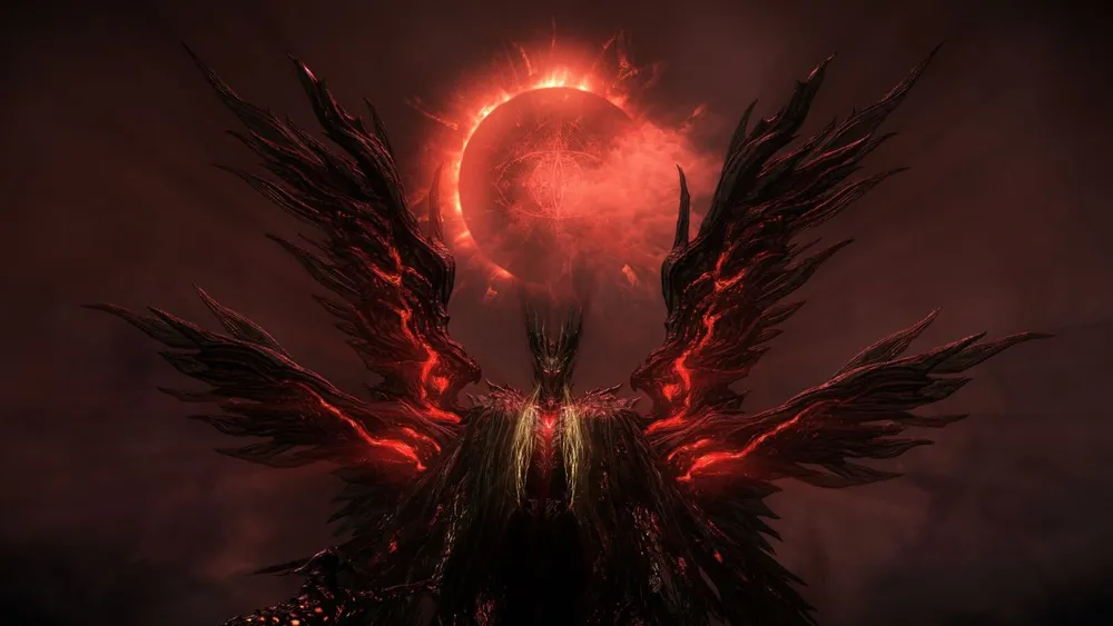 На картинке изображен фантастический персонаж с черными крыльями на фоне красного солнечного затмения.