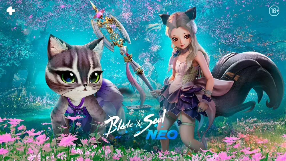 Изображение персонажей из игры, один из них - девушка с оружием, другой - анимированный кот. Фон цветущий, с цветами и деревьями.