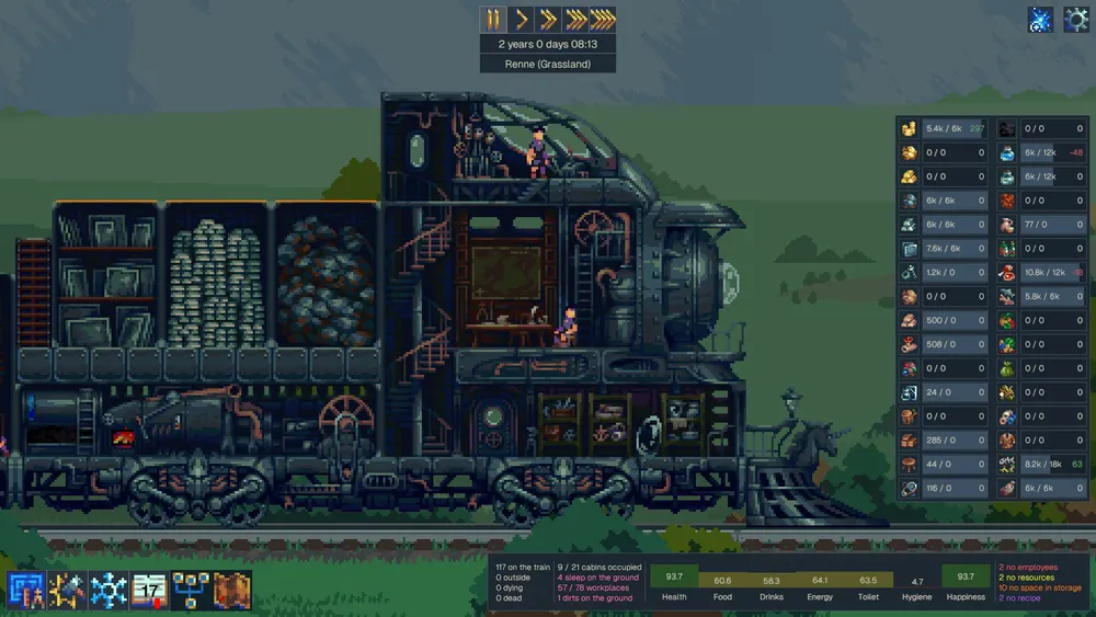 Изображение паровоза с различными деталями и интерфейсом игры.