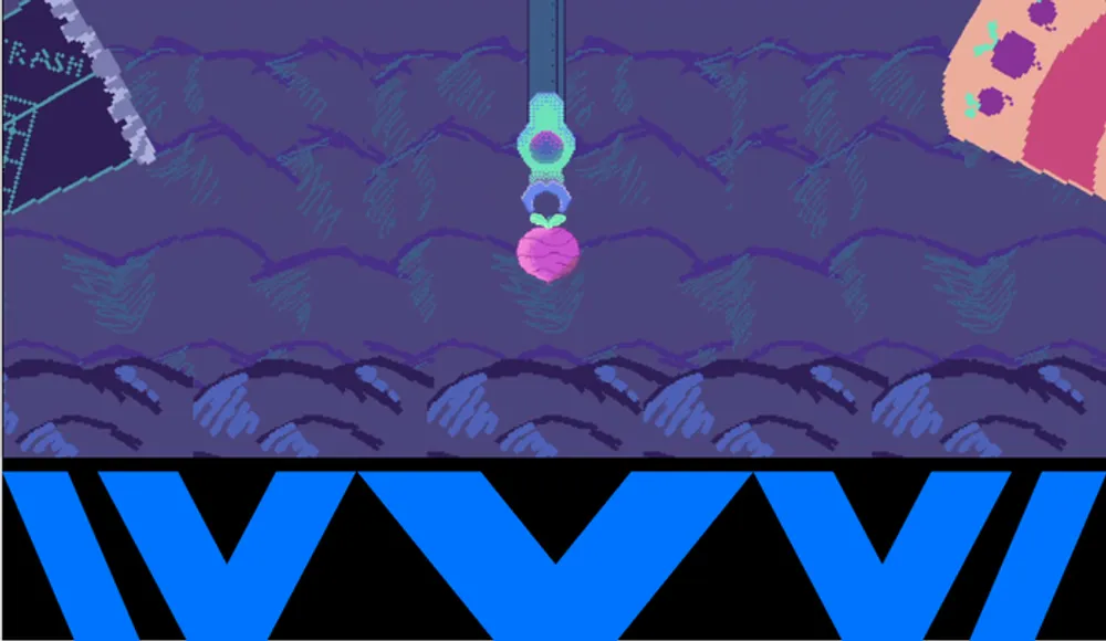 Изображение в стиле пиксельной графики с абстрактными элементами и формами, в основном в фиолетовых и синих тонах.