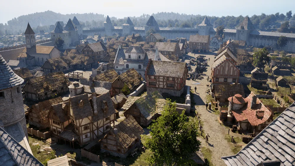 Пейзаж средневекового города с домами, улицами и холмами на заднем плане.