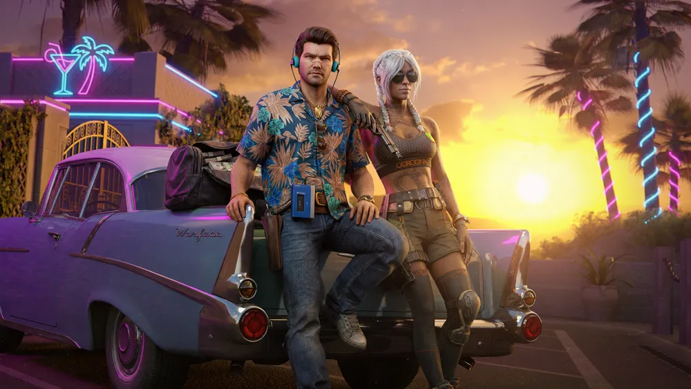 Изображение двух персонажей, стоящих на фоне ретро-автомобиля на фоне заката, с пальмами и неоновыми огнями.
