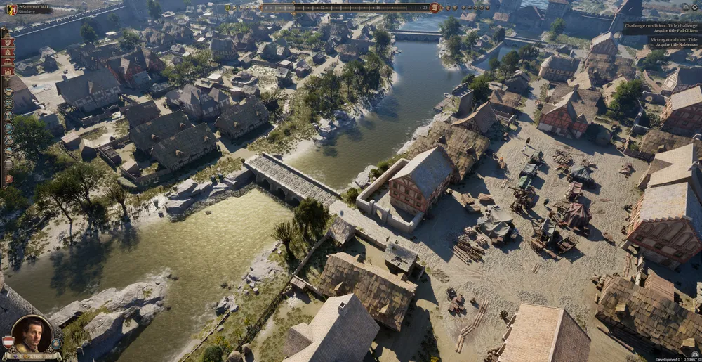 Изображение представляет собой вид на город с реками, мостами и зданиями. Вид сверху на ландшафт.