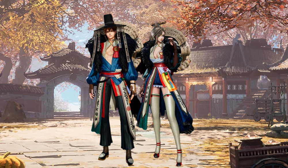 Два персонажа в традиционной одежде на фоне осеннего пейзажа и здания.