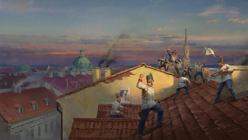 Художественное изображение, на котором люди на крышах, возможно, в военной обстановке.