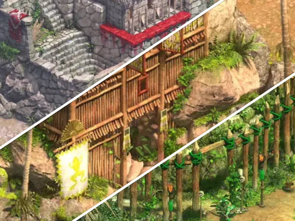 На изображении представлены различные элементы архитектуры и природы, возможно, из видеоигры или концепт-арта.