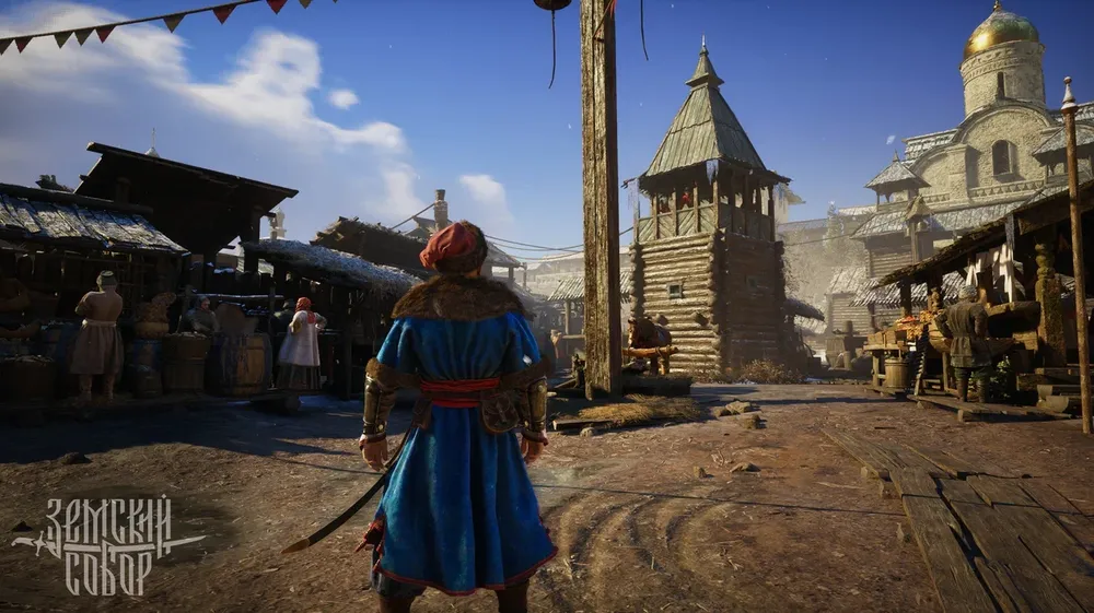 Изображение игрового мира, вероятно, средневековая сцена с персонажем в традиционной одежде и архитектурой на заднем плане.