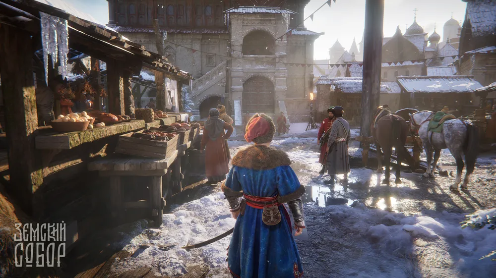 Сцена на улице с людьми и лошадьми, зимний пейзаж, торговые лавки, историческая атмосфера.