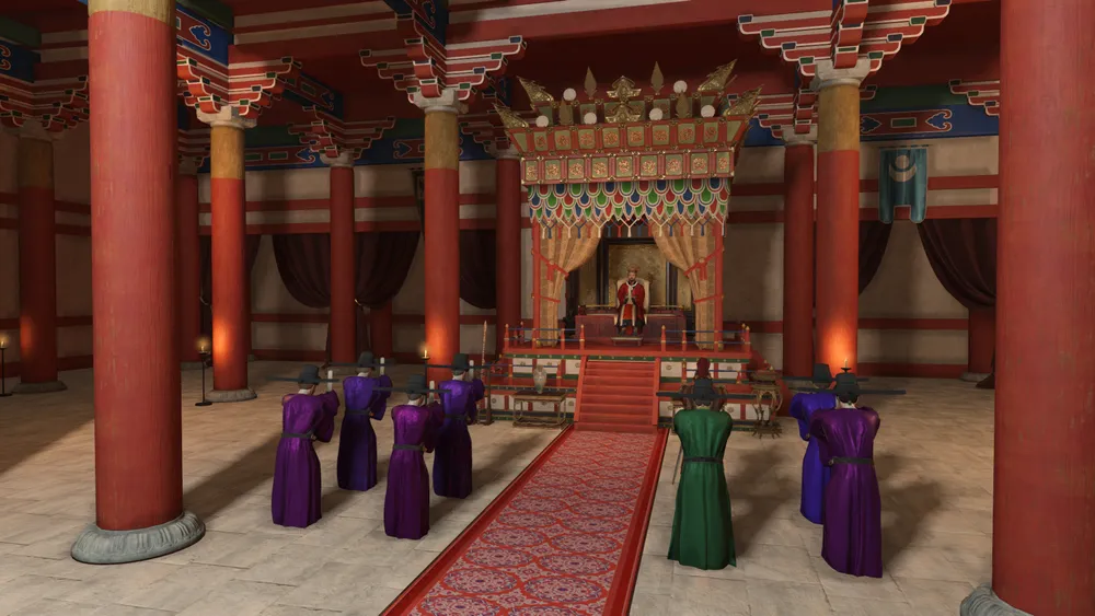 Интерьер зала с троном, красные колонны, декорированные стены, стулья с цветными покрывалами.