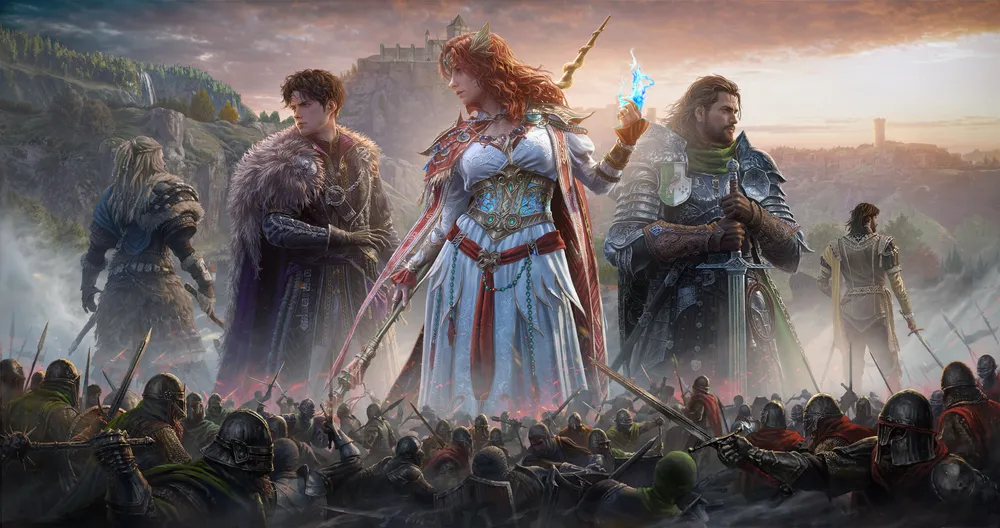 Изображение в стилистике фэнтези с персонажами, сражающимися на фоне военных действий. На переднем плане три человека в доспехах, с оружием, на заднем плане видны солдаты.