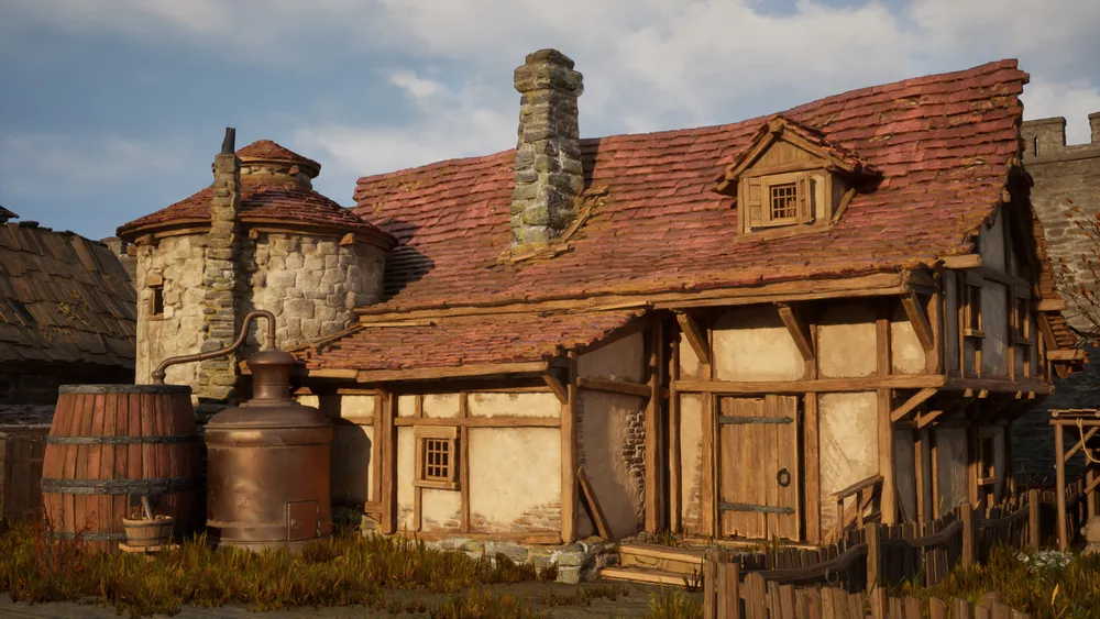 Изображение старинного дома с каменной и деревянной конструкцией, крышей из черепицы, рядом с бочками и печью.