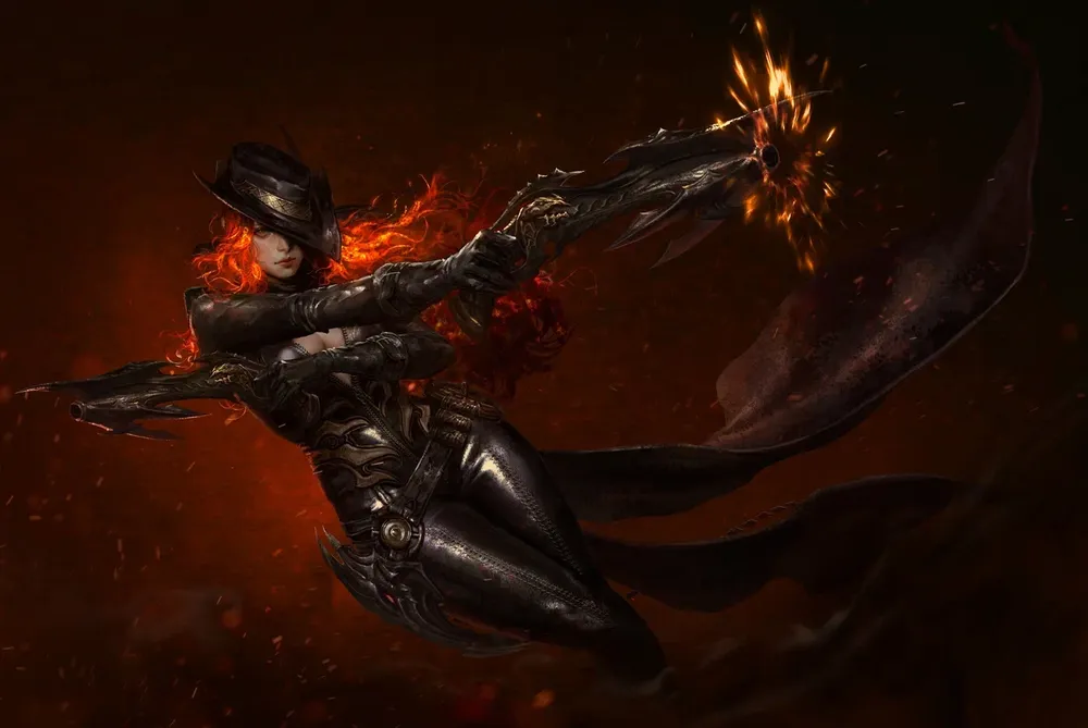 Изображение персонажа в черном костюме с огненно-рыжими волосами, стреляющего из огнестрельного оружия на фоне темного, пылающего пейзажа.