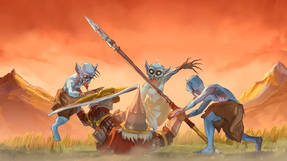 На картинке изображены персонажи, участвующие в бою, один из них лежит на земле, остальные держат копья.