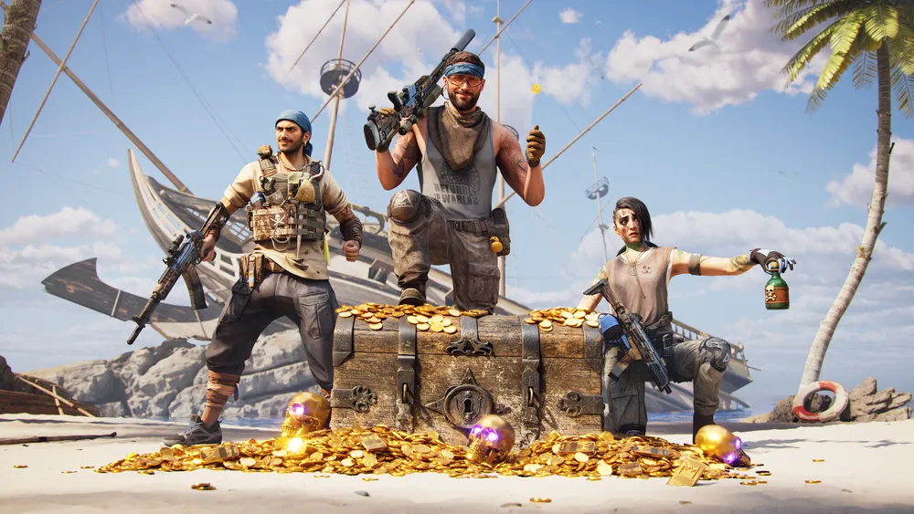 Трое персонажей на пляже, рядом с сундуком с золотыми монетами. Вокруг пальмы и корабль на фоне.