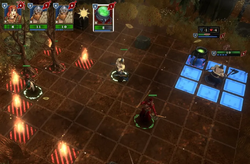 Изображение игрового процесса, в котором представлены персонажи на клетчатом поле, окружённые огненными эффектами и другими элементами игры.