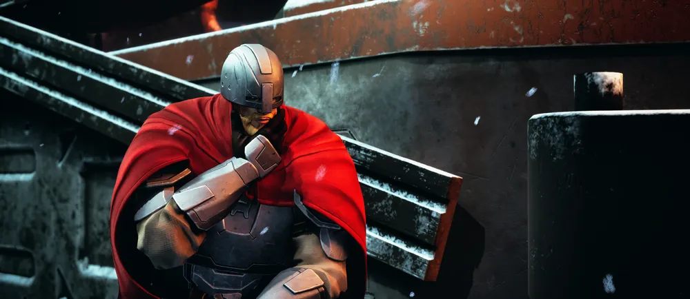 Анимационный персонаж в красном плаще, стоящий на фоне, может быть связан с темой супергероев или фантастики.