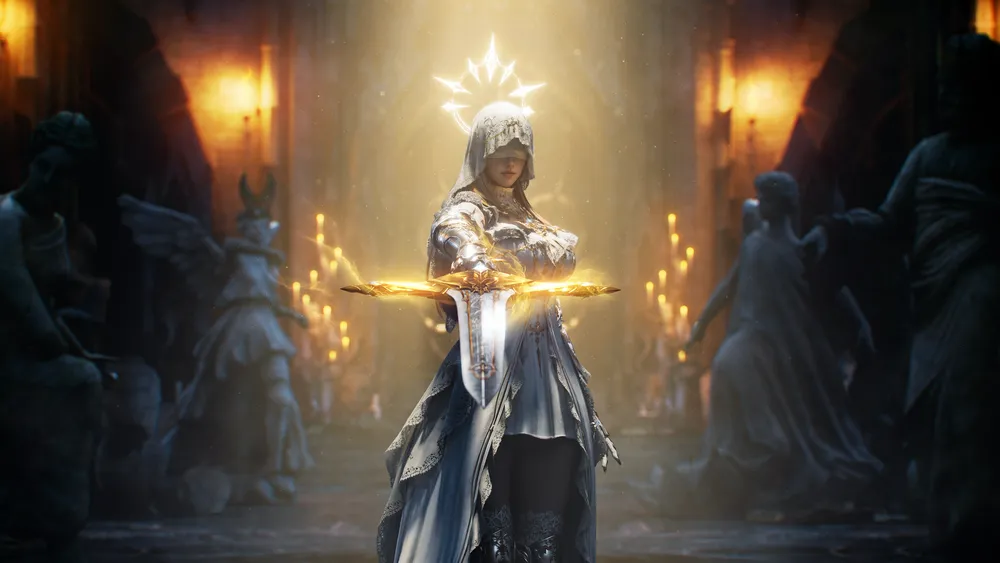 персонаж в белом одеянии с мечом, световые эффекты, статуи в фоне