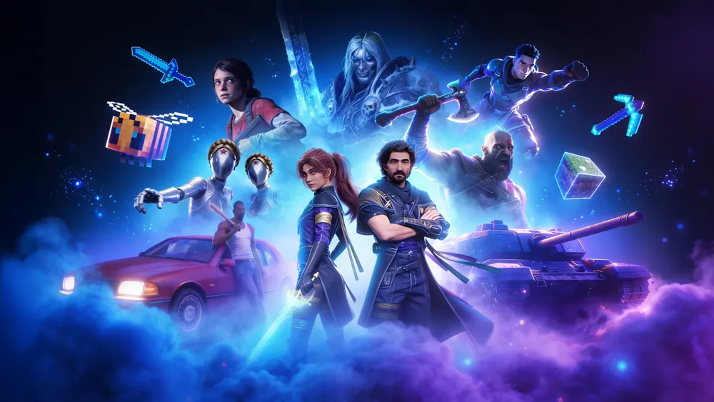 Изображение представляет собой художественное представление персонажей из видеоигры, с элементами фэнтези и науки, включая различные игровые объекты и транспортные средства.