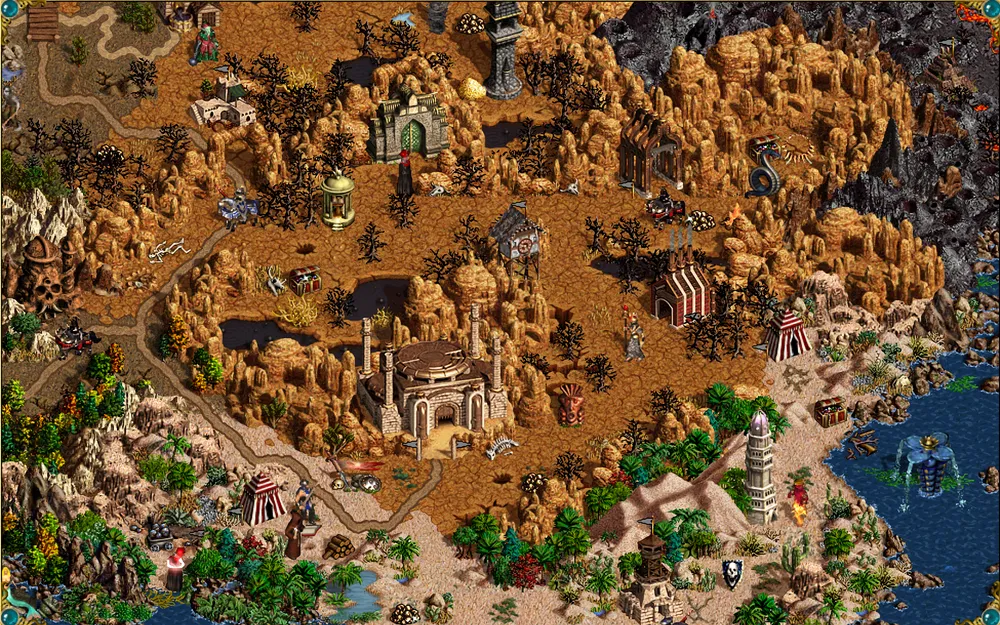 Карта пустынного региона с зданиями, растительностью и водой.