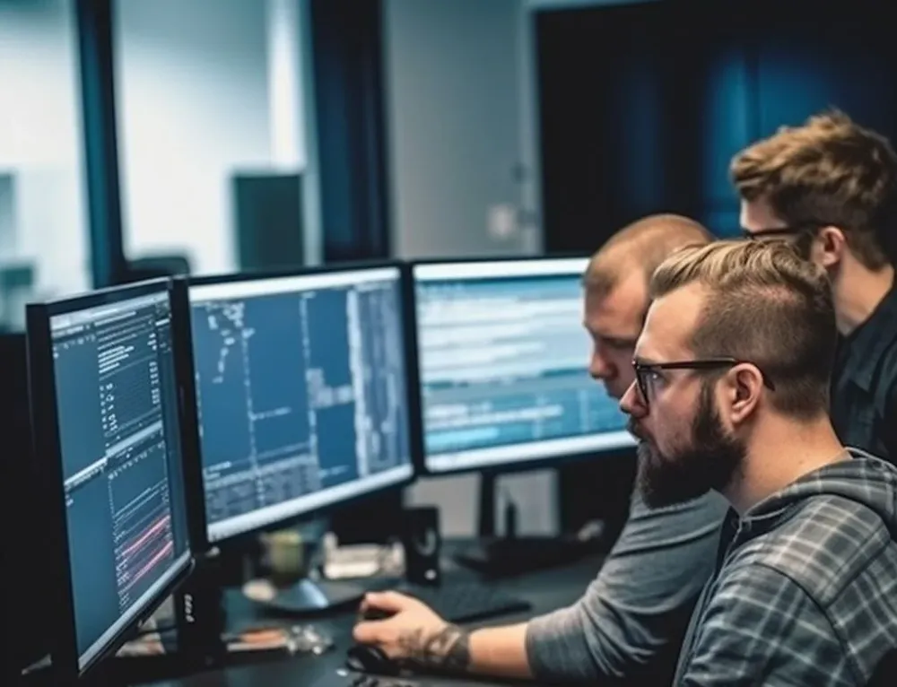 Трое мужчин за компьютерами, работающие с кодом на экране
