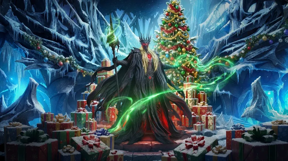 Изображение представляет собой художественное изображение с зимним пейзажем, рождественской елкой и подарками. На переднем плане изображен персонаж с темным плащом.
