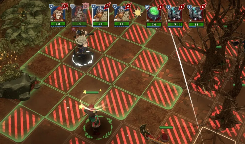 Сцена из стратегической игры, поле боя с персонажами и элементами игрового процесса.