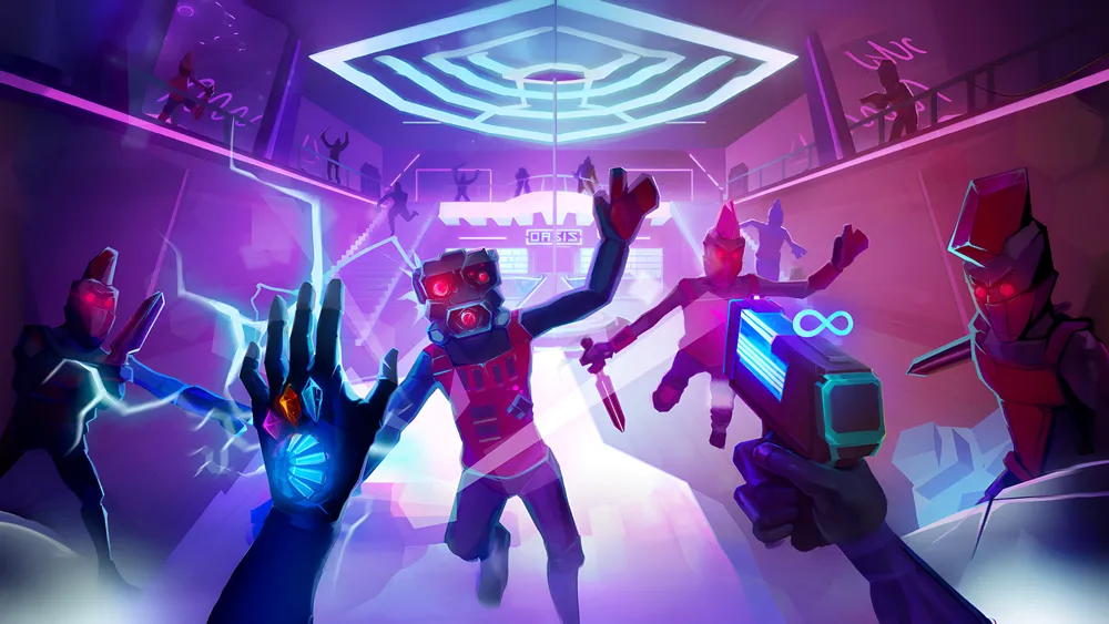 Иллюстрация в стилистике видеоигры, изображающая персонажей в футуристической обстановке с оружием и эффектами света.