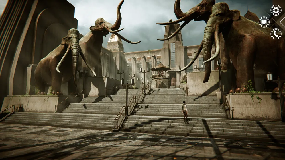 Изображение с двумя статуями слонов и человеком на лестнице, возможно, архитектурная сцена.