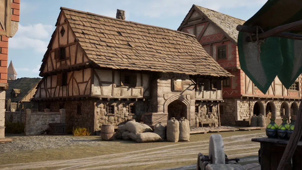 Изображение старинной архитектуры, дома с соломенной крышей, улица с торговыми элементами.