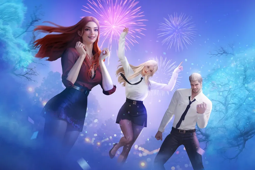 Трое персонажей празднуют, фейерверки на фоне, веселая атмосфера.