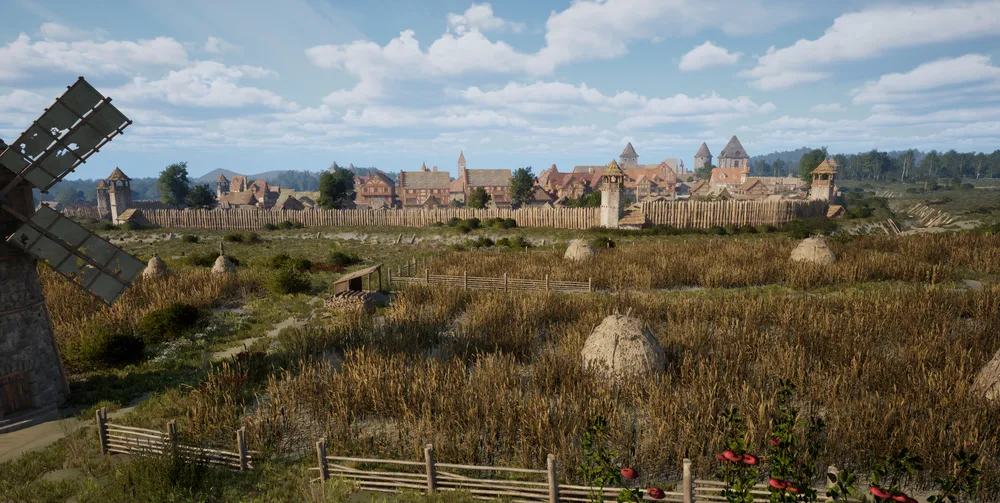 Пейзаж с мельницей, полями и старинным городом на фоне. На картинке изображены природные элементы и архитектурные строения.