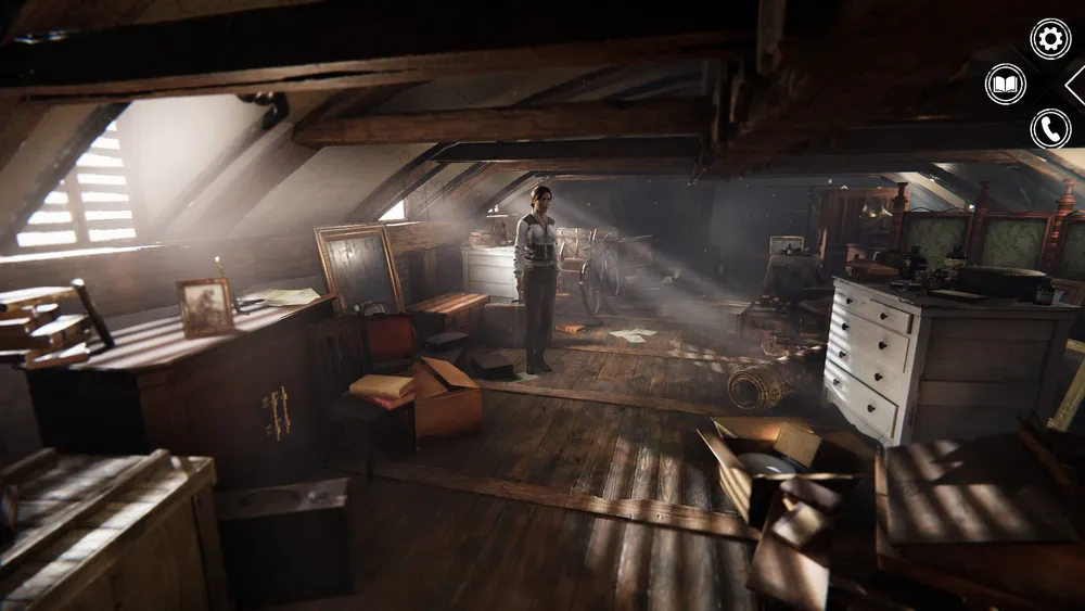 Изображение интерьера чердака с одним человеком, световые эффекты и разбросанные предметы.