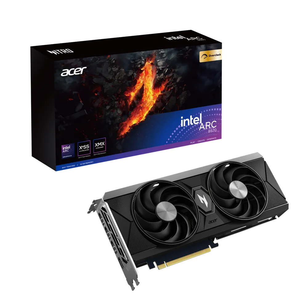 Изображение графического процессора Intel Arc от компании Acer, с упаковкой на фоне.